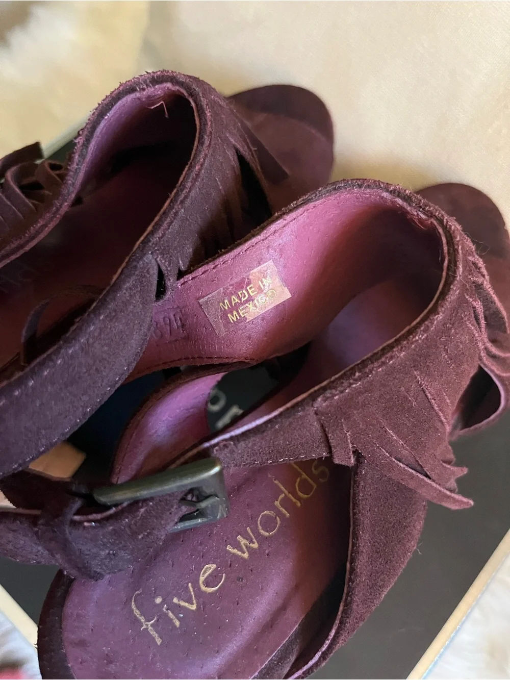 Five Worlds burgundy suede